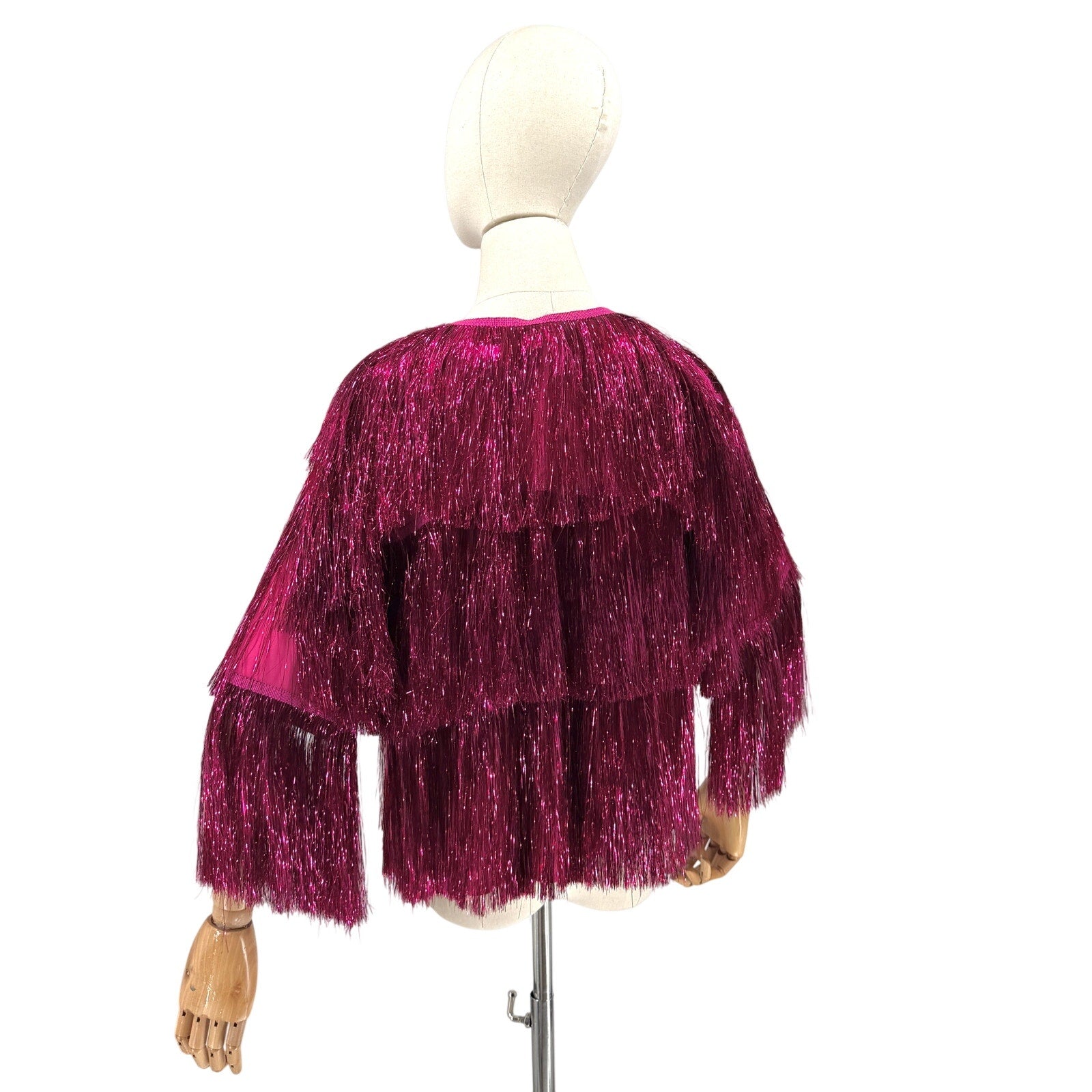 KBW Hot Pink Metallic Glam Shimmer Tiered Fringe Party Jacket