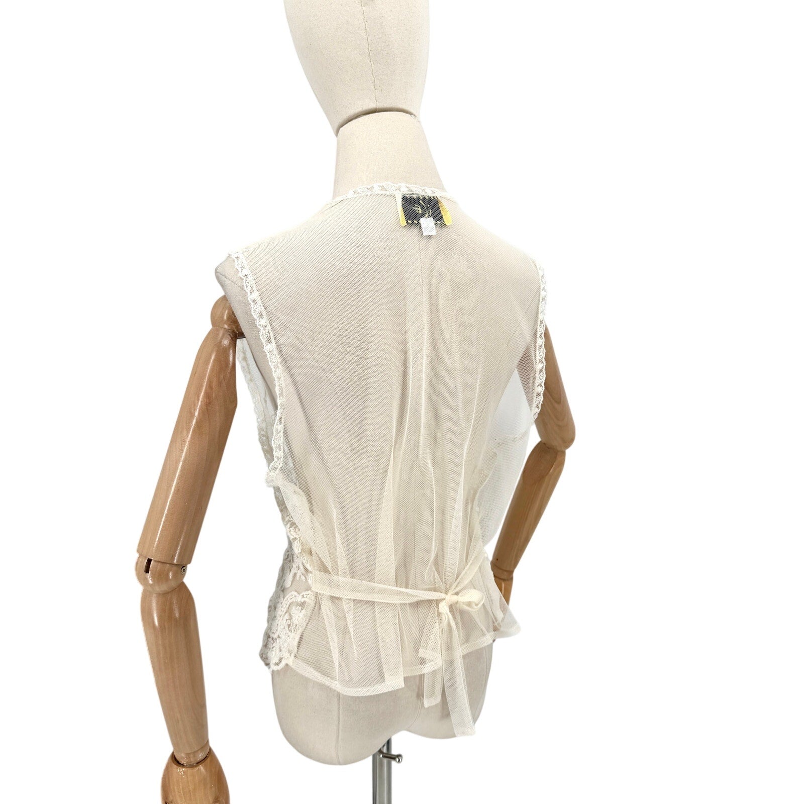 Vintage 90s ICE Ivory Mesh Lace Floral Embroidered Tie-Back Vest