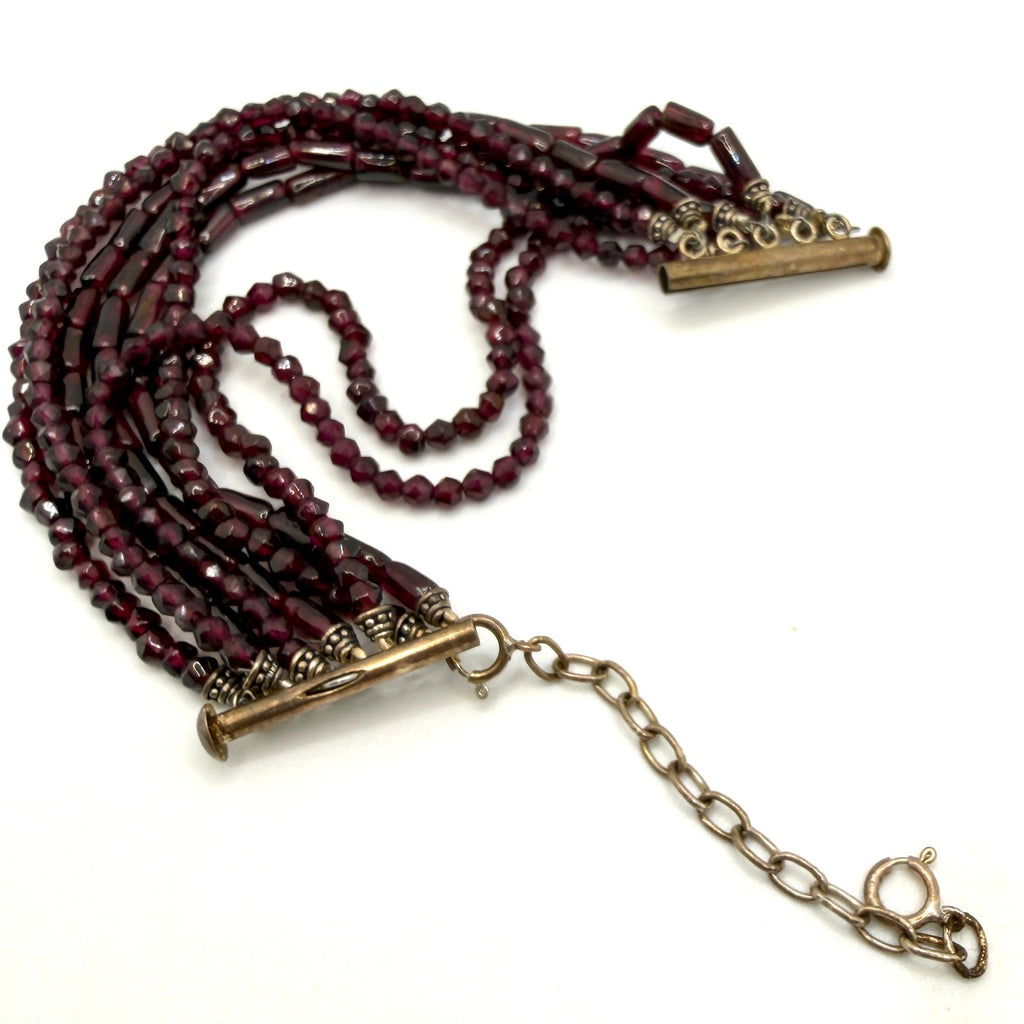 Vintage 90s Red Garnet Boho Multi Strand Beaded Slide Clasp Bracelet