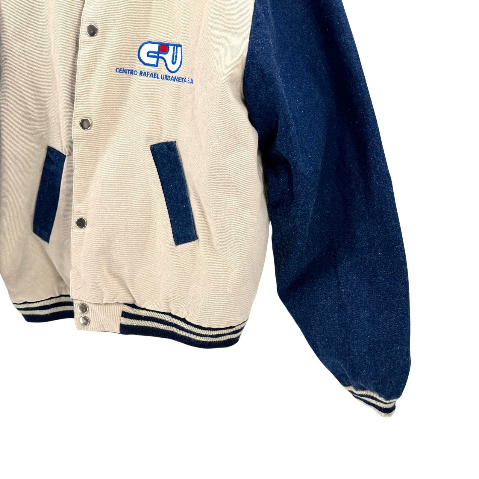 Vintage 90s Tan Blue Denim Twill Reversible Varsity Jacket