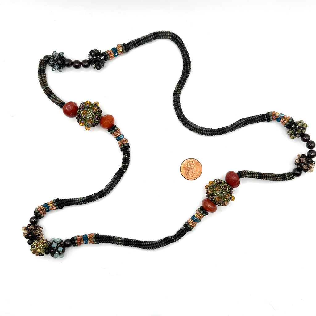 Vintage 90s Earthy Woven Seed Bead Crystal Focal Statement Loop Necklace