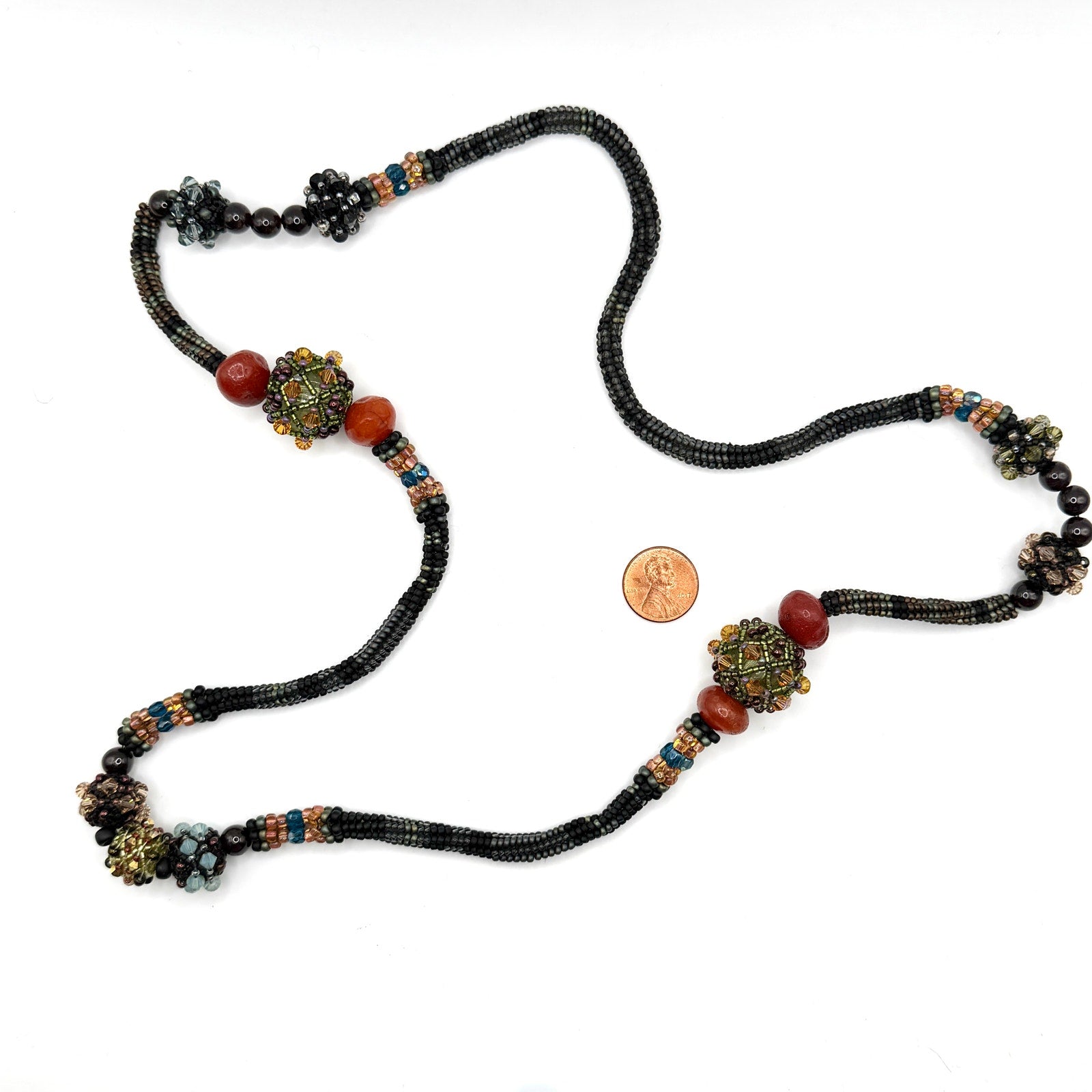 Vintage 90s Earthy Woven Seed Bead Crystal Focal Statement Loop Necklace