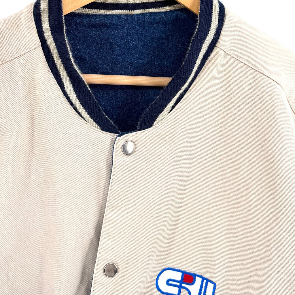 Vintage 90s Tan Blue Denim Twill Reversible Varsity Jacket