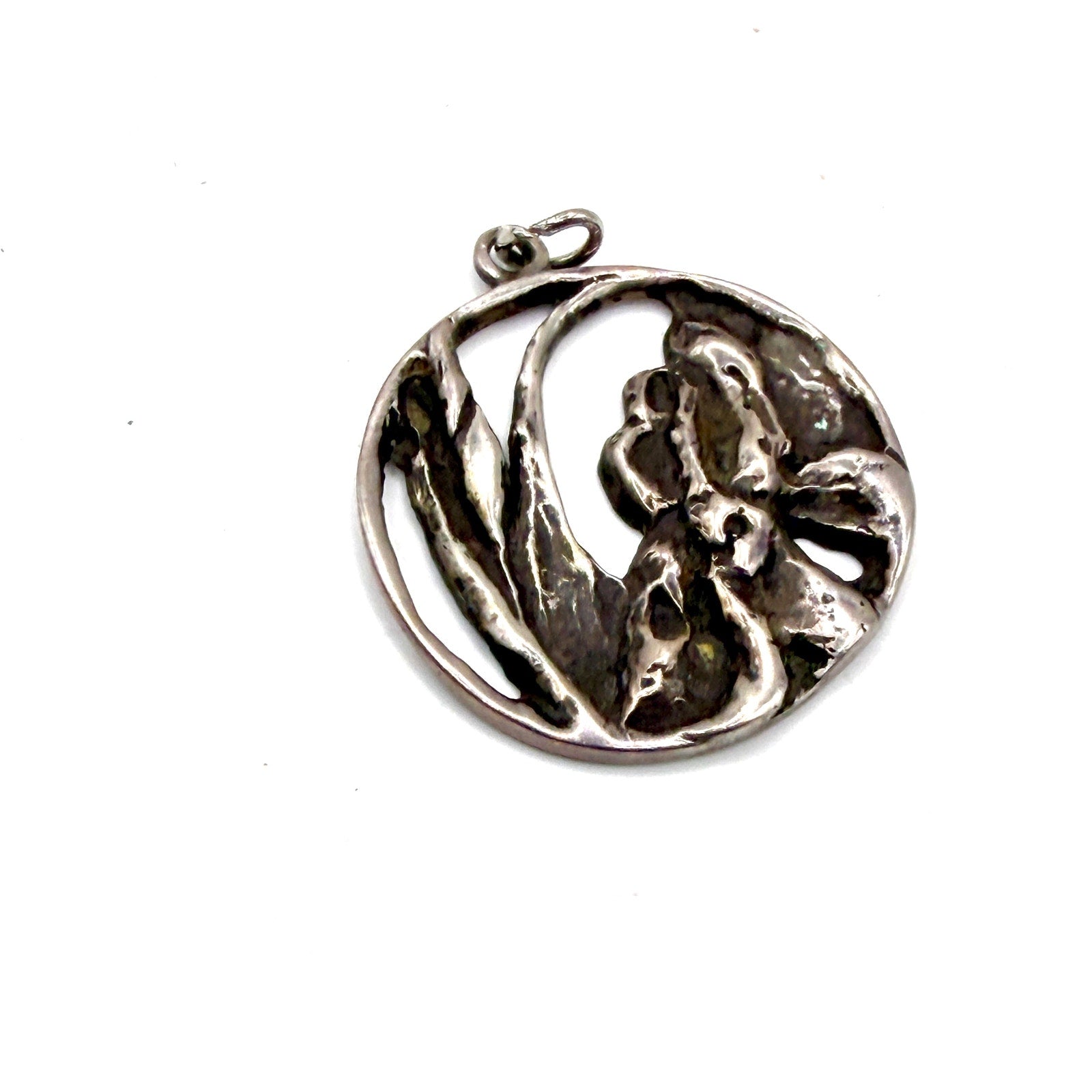 Vintage 70s Unbranded Sterling Silver Art Nouveau Cut Out Iris Flower Pendant