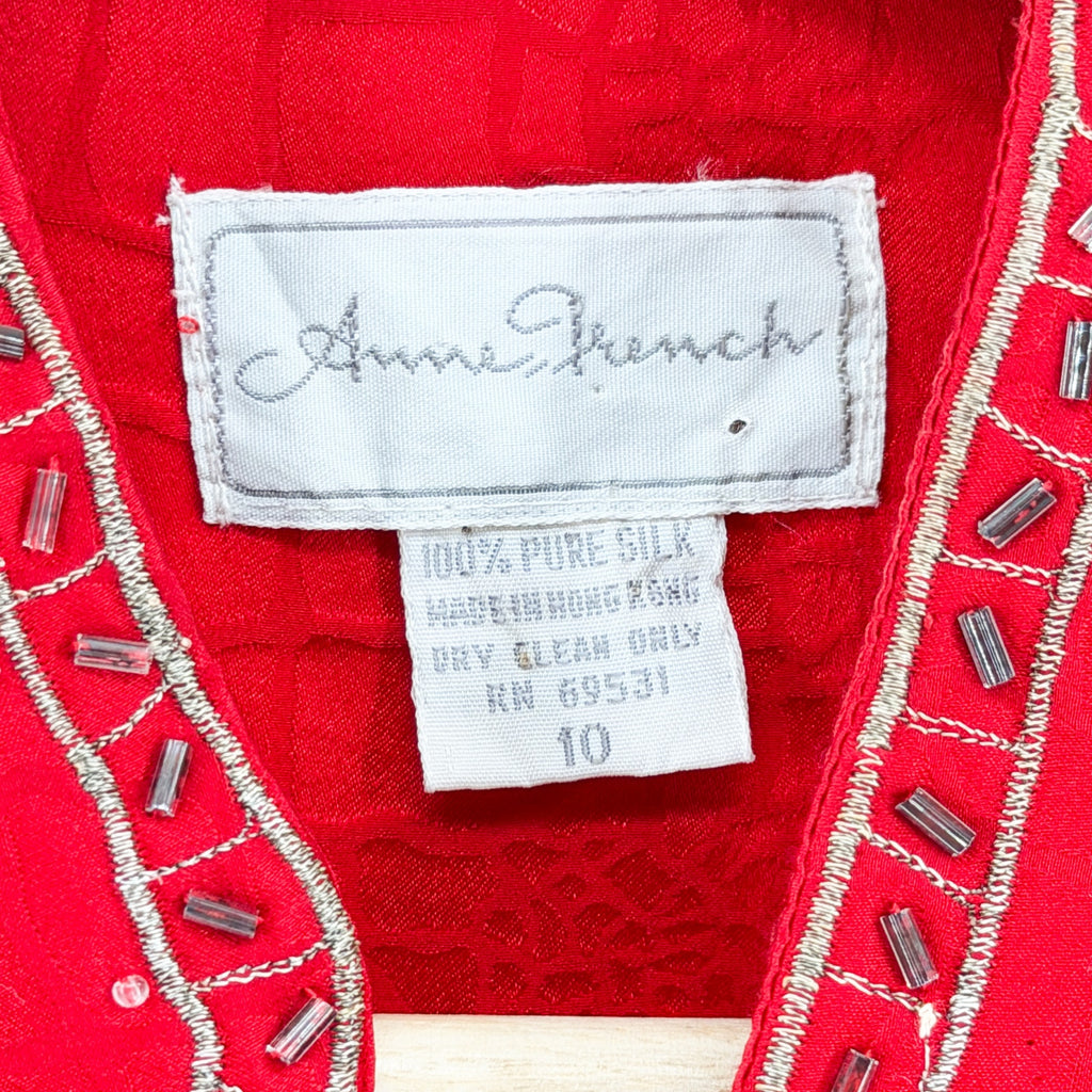 Vintage 80s Anne French Red 100% Silk Beaded Jacquard Skirt Set