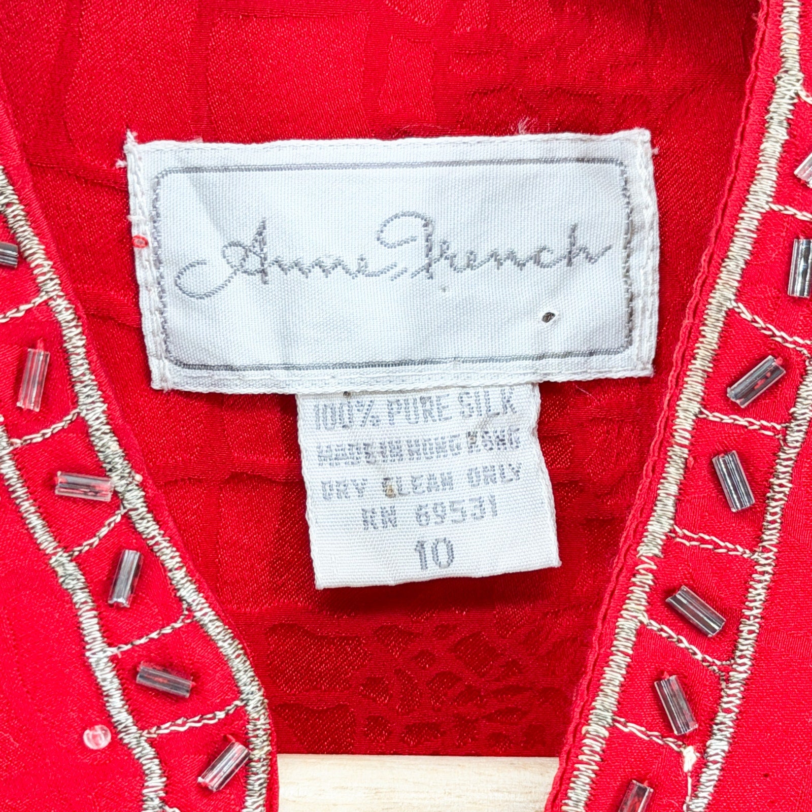 Vintage 80s Anne French Red 100% Silk Beaded Jacquard Skirt Set