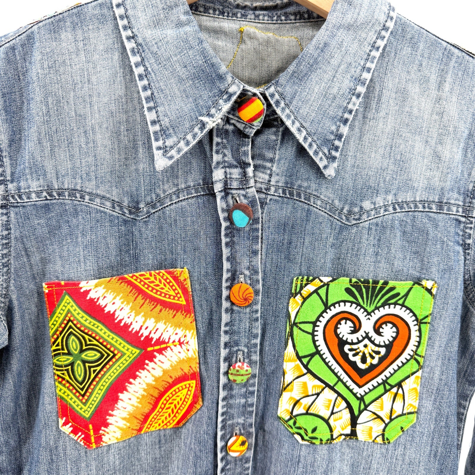 Vintage 90s Custom Denim Patchwork African Wax Print Long Sleeve Shirt