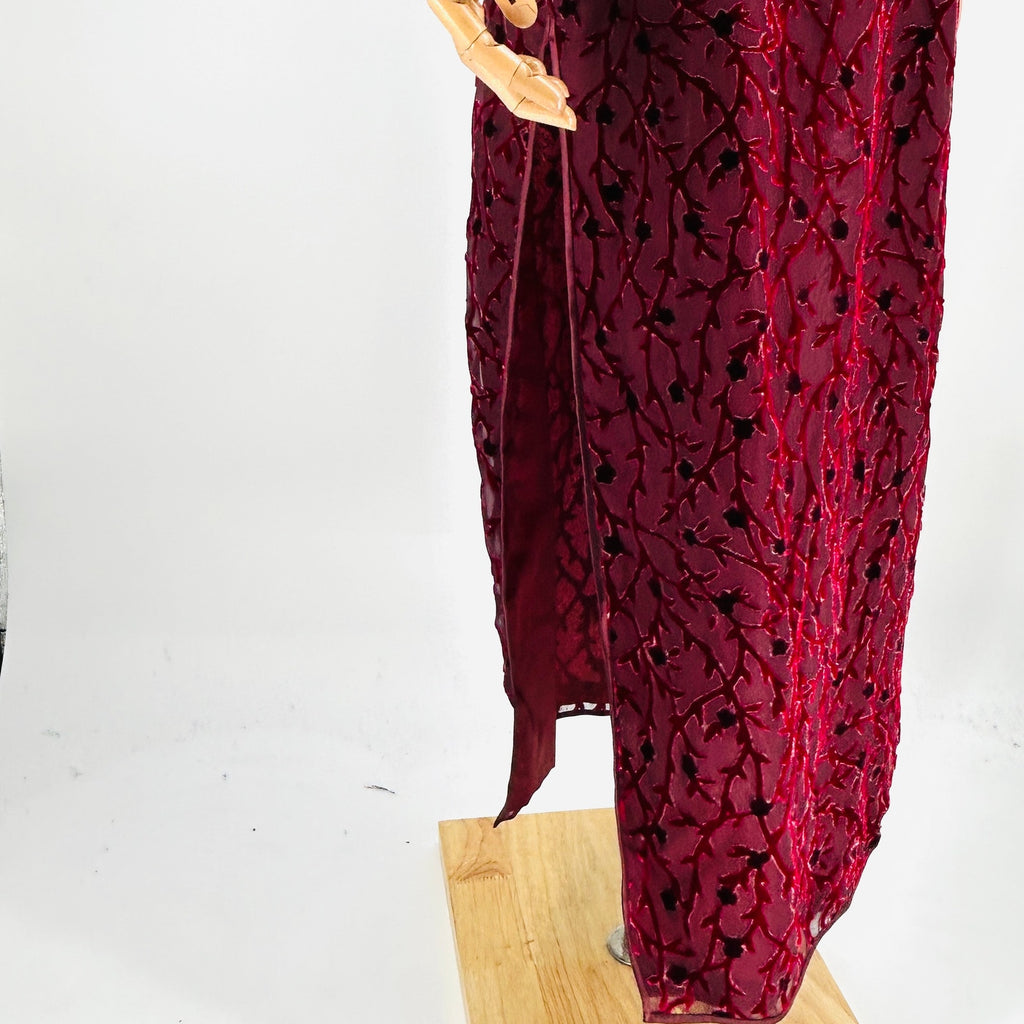 Vintage 90s Chinese Velvet Burnout Burgundy Maxi Cheongsam Dress