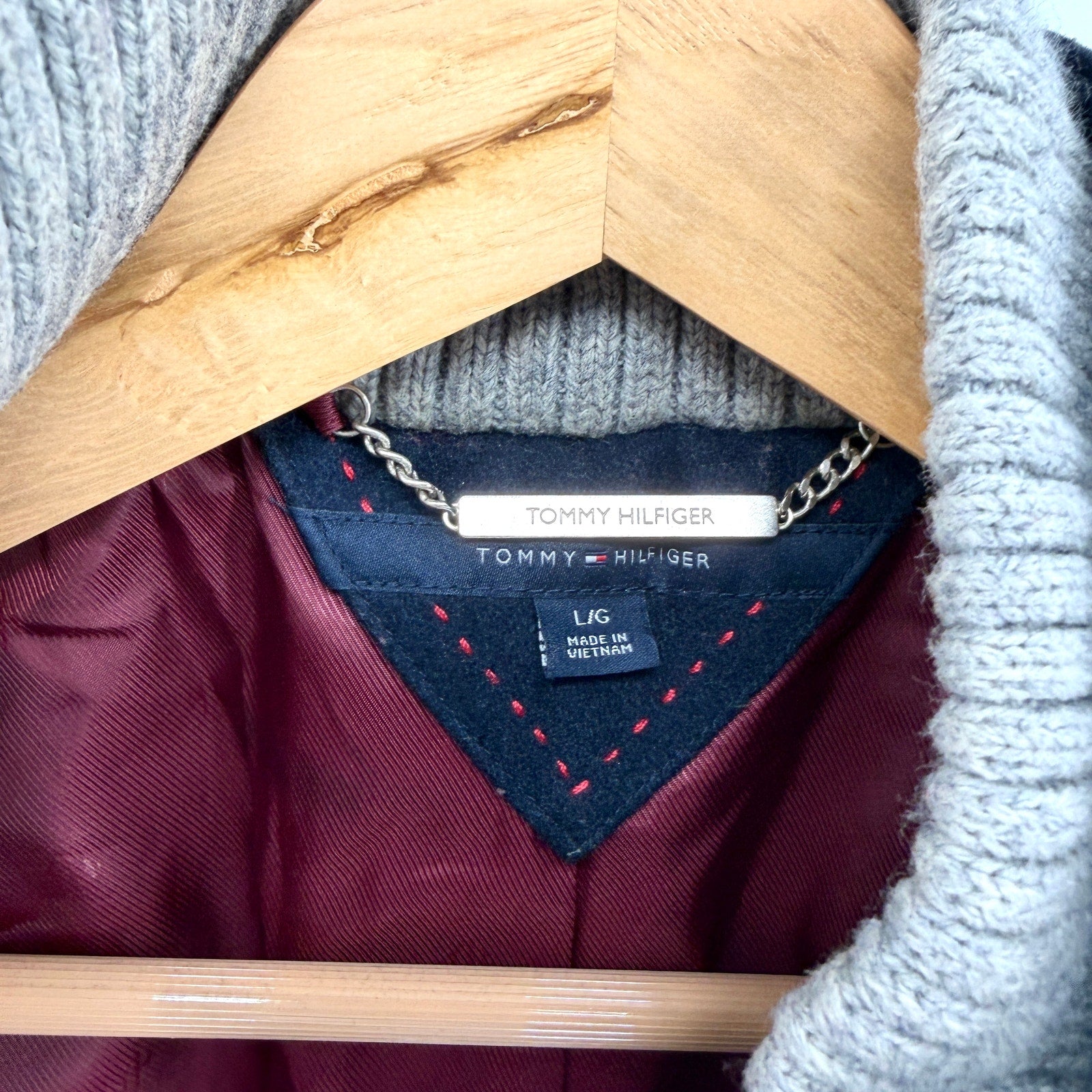 Tommy Hilfiger Navy Blue Grey Knit Trimmed Preppy Peacoat