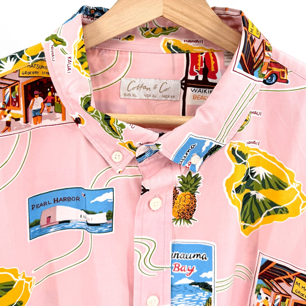 Cotton & Co. Pastel Pink Hawaii Map Souvenir Motif Short Sleeve Button Up Shirt