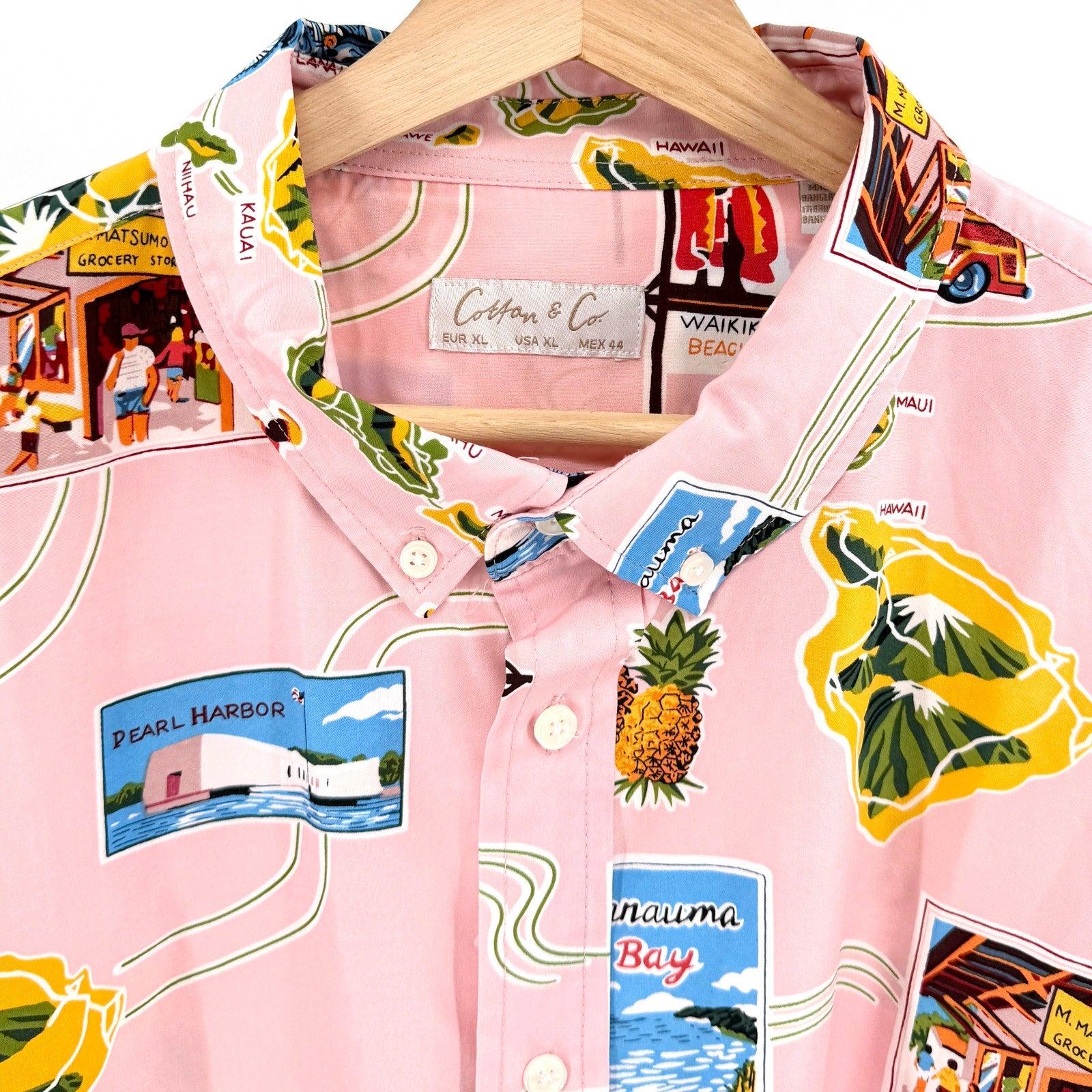 Cotton & Co. Pastel Pink Hawaii Map Souvenir Motif Short Sleeve Button Up Shirt
