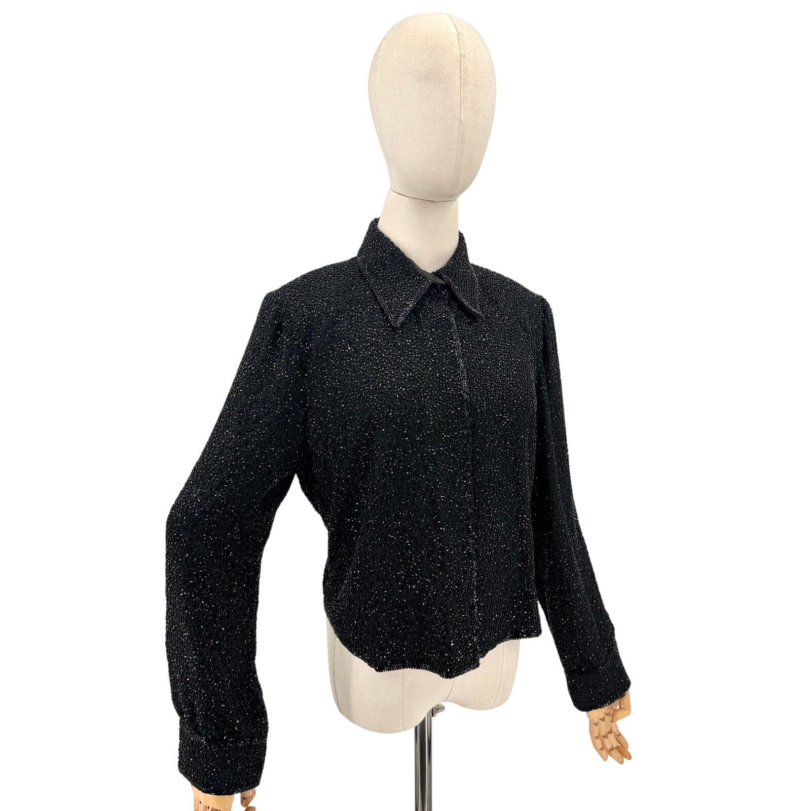 Vintage 90s Caroline Rose Black Silk Fully Beaded Evening Jacket