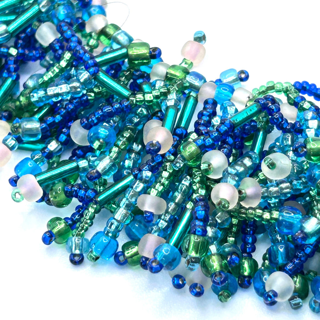 Vintage 1980s Handmade Blue Green Glass Seed Bead Fringe Choker Necklace
