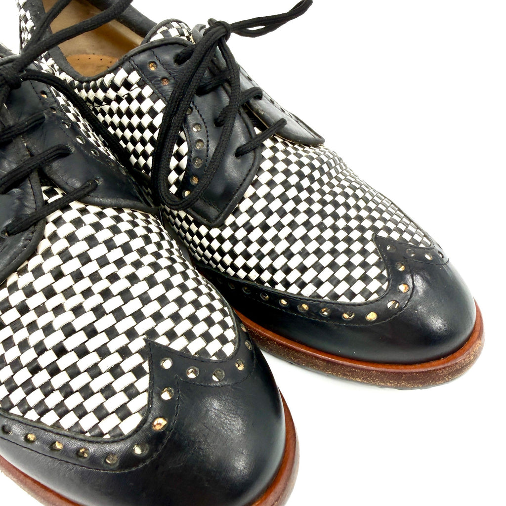 Vintage 90s Walter Genuin Black White Woven Leather Wingtip Golf Shoes