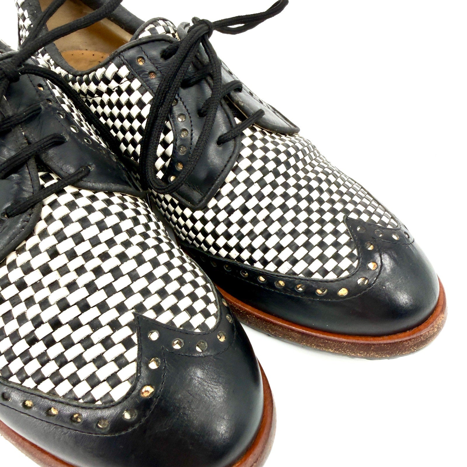 Vintage 90s Walter Genuin Black White Woven Leather Wingtip Golf Shoes