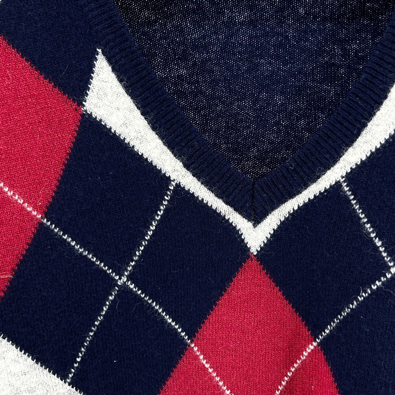 Vintage 70s Rodin Navy Blue Red Argyle Wool V-Neck Pullover Sweater