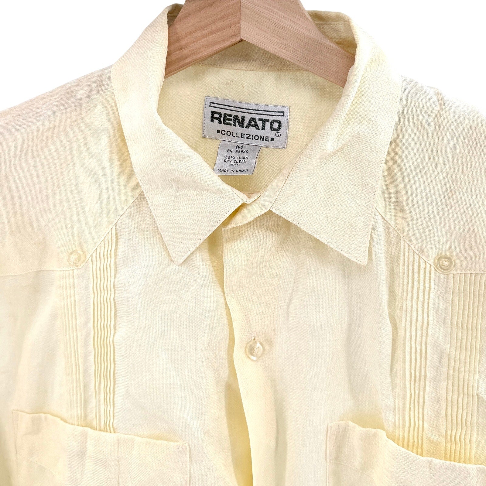 Vintage 90s Renato Collezione Pale Yellow Pintuck Guayabera Cuban Shirt