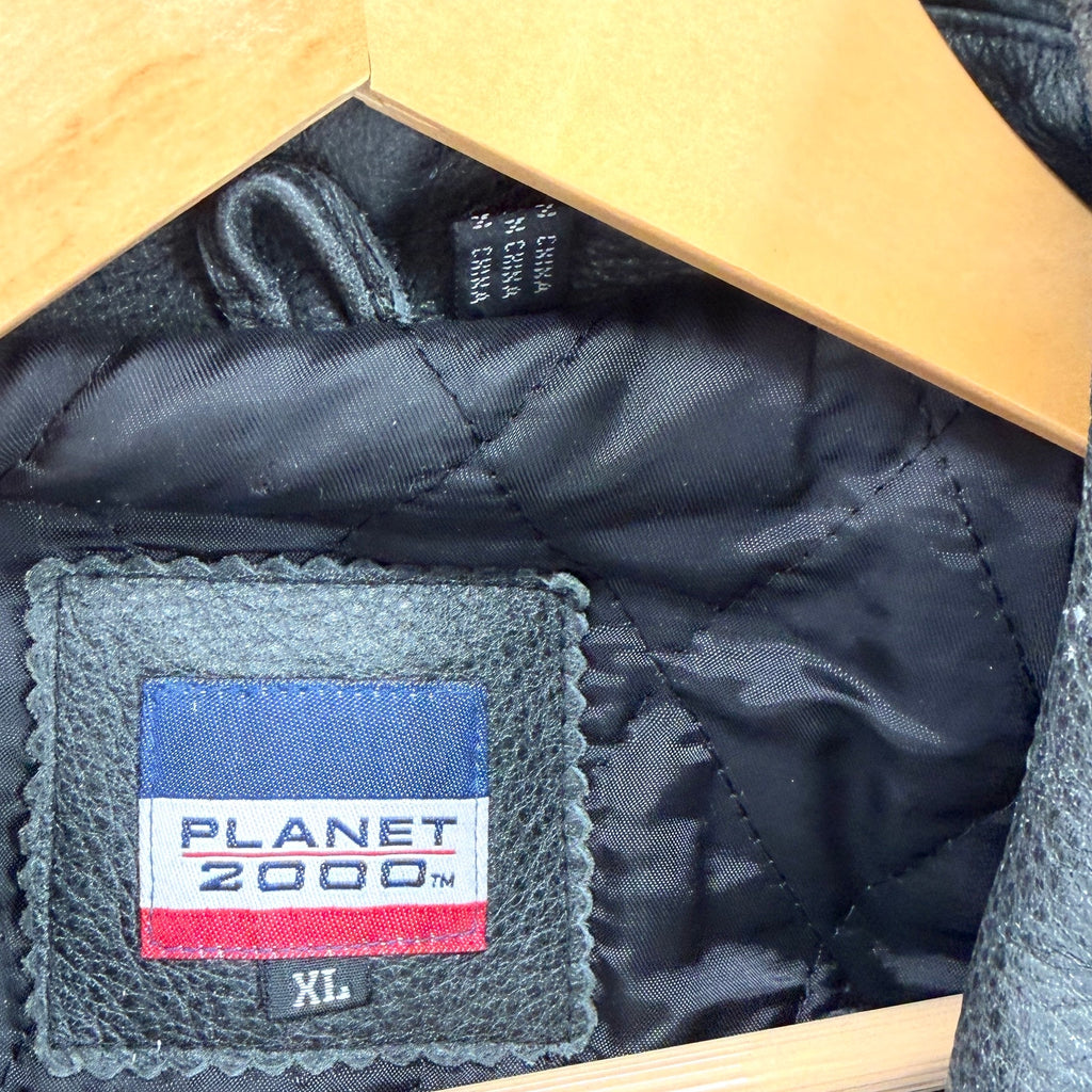 Vintage 90s Planet Hollywood Black Genuine Leather Columbus Bomber Jacket