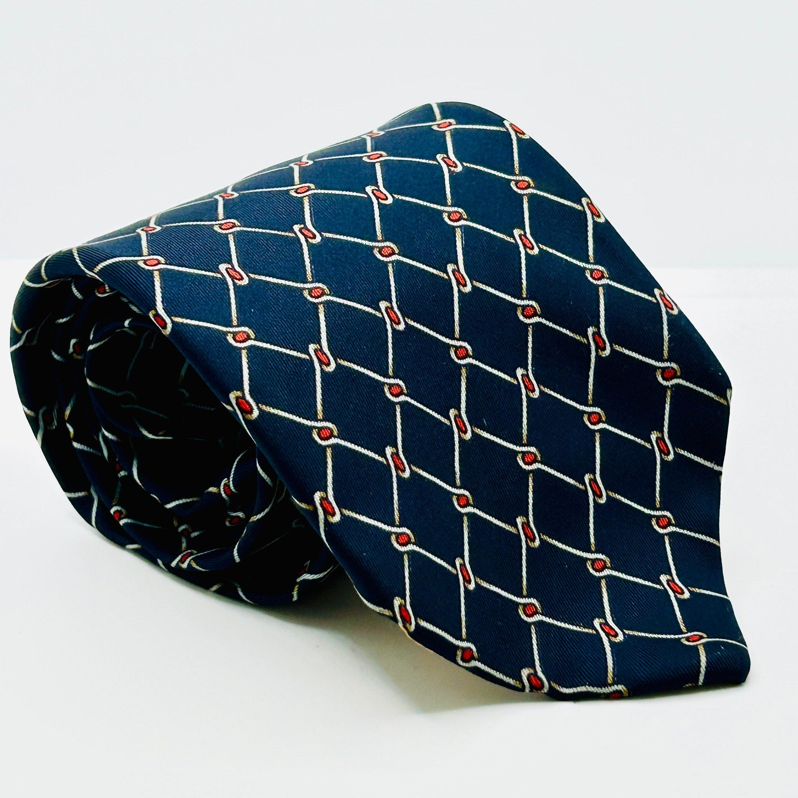 Vintage 70s Pierre Cardin Navy Blue Red White Geometric Silk Tie