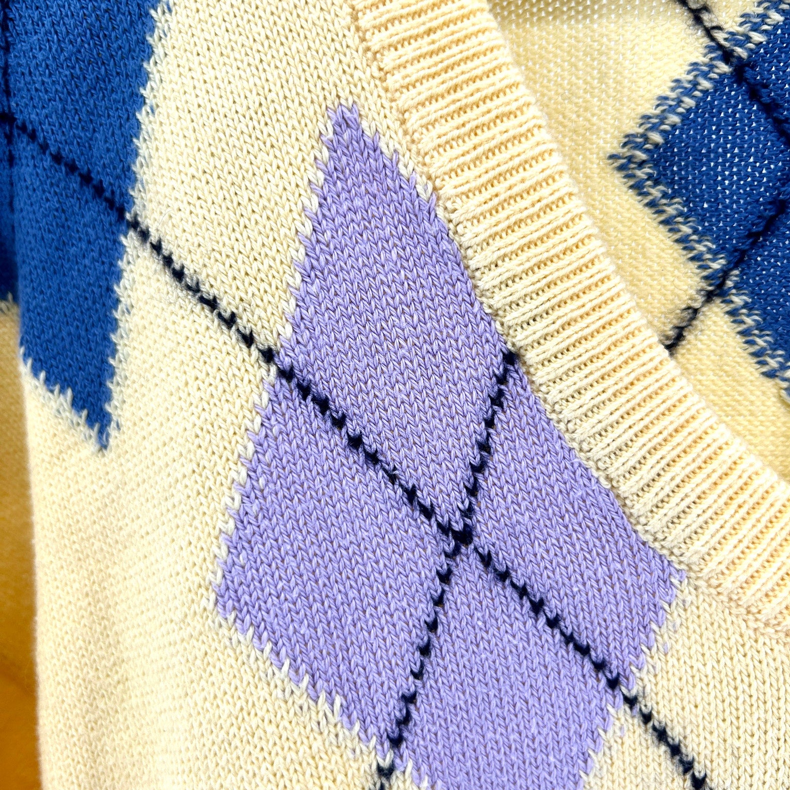 Vintage 90s Clark & Gregory Yellow 100% Cotton Argyle Knit Sweater