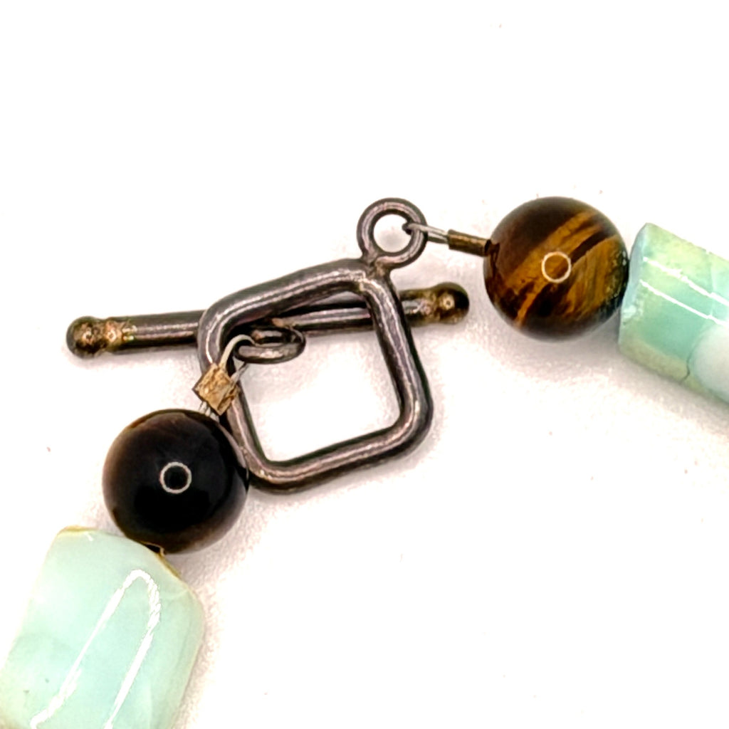 Vintage 90s Blue Green Larimar Citrine Tiger Eye Boho Square Toggle Bracelet