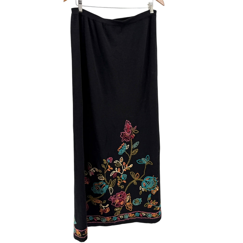 Vintage Y2K Double D Ranch Black Linen Blend Embroidered Floral Knit Maxi Skirt