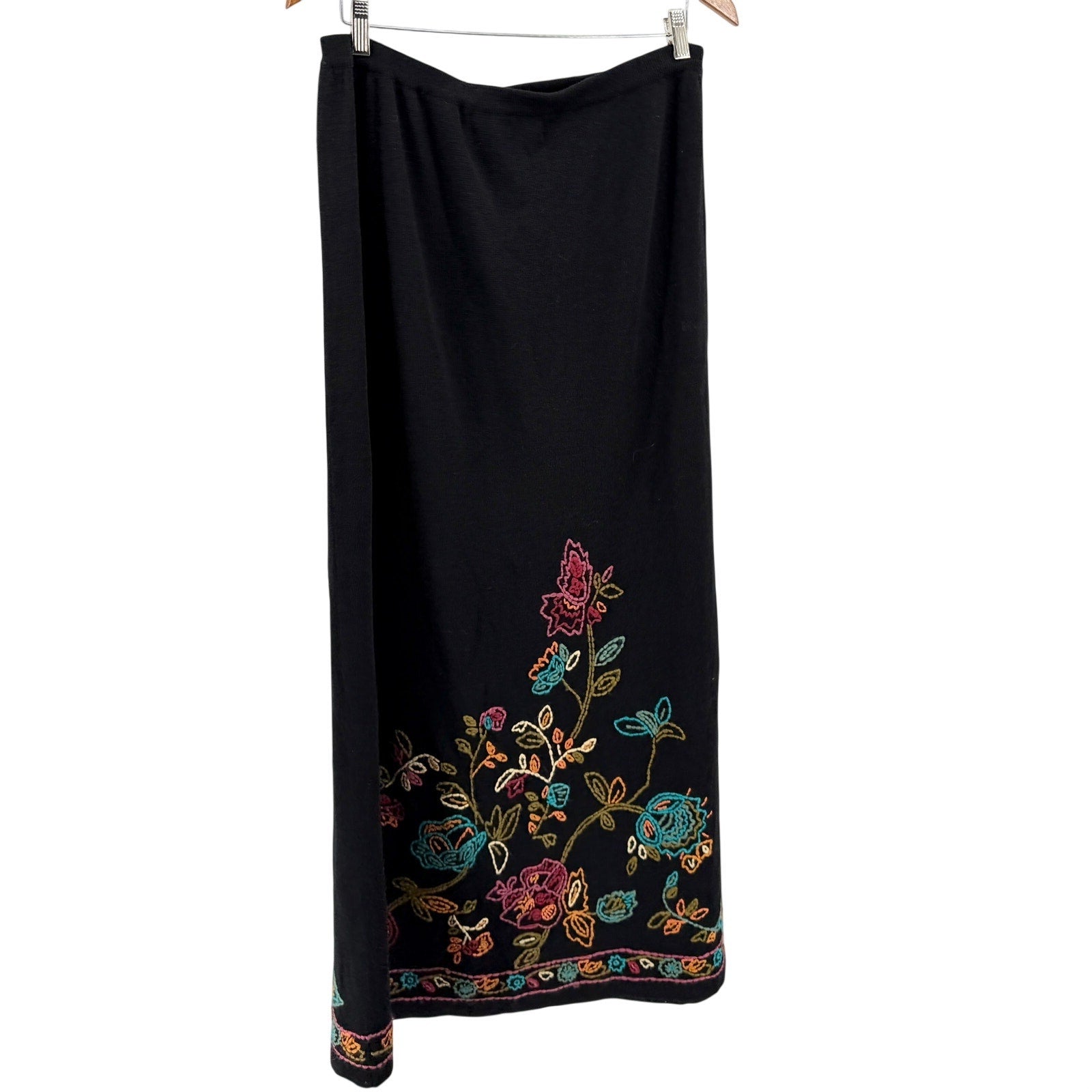 Vintage Y2K Double D Ranch Black Linen Blend Embroidered Floral Knit Maxi Skirt