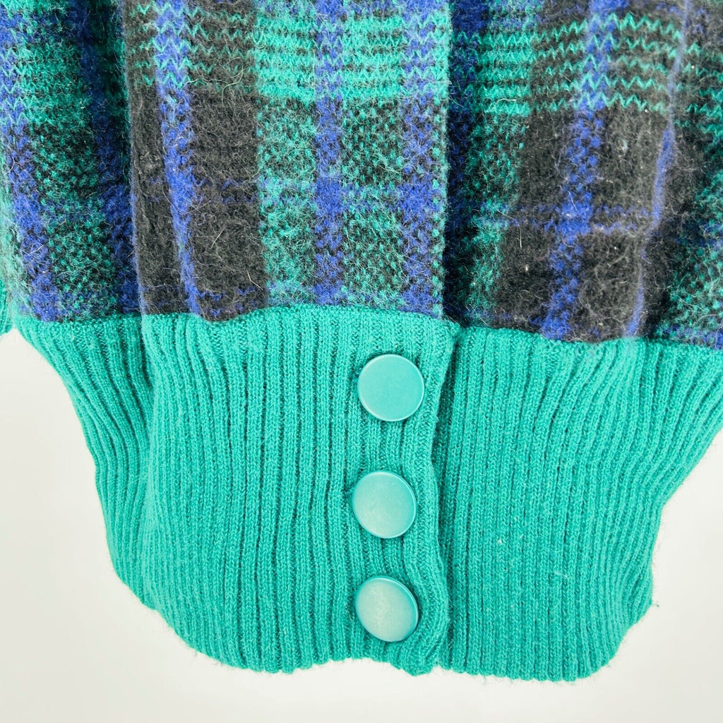Vintage 80s Samuel Jason Green Blue Plaid Oversized Shoulder Pad Knit Cardigan