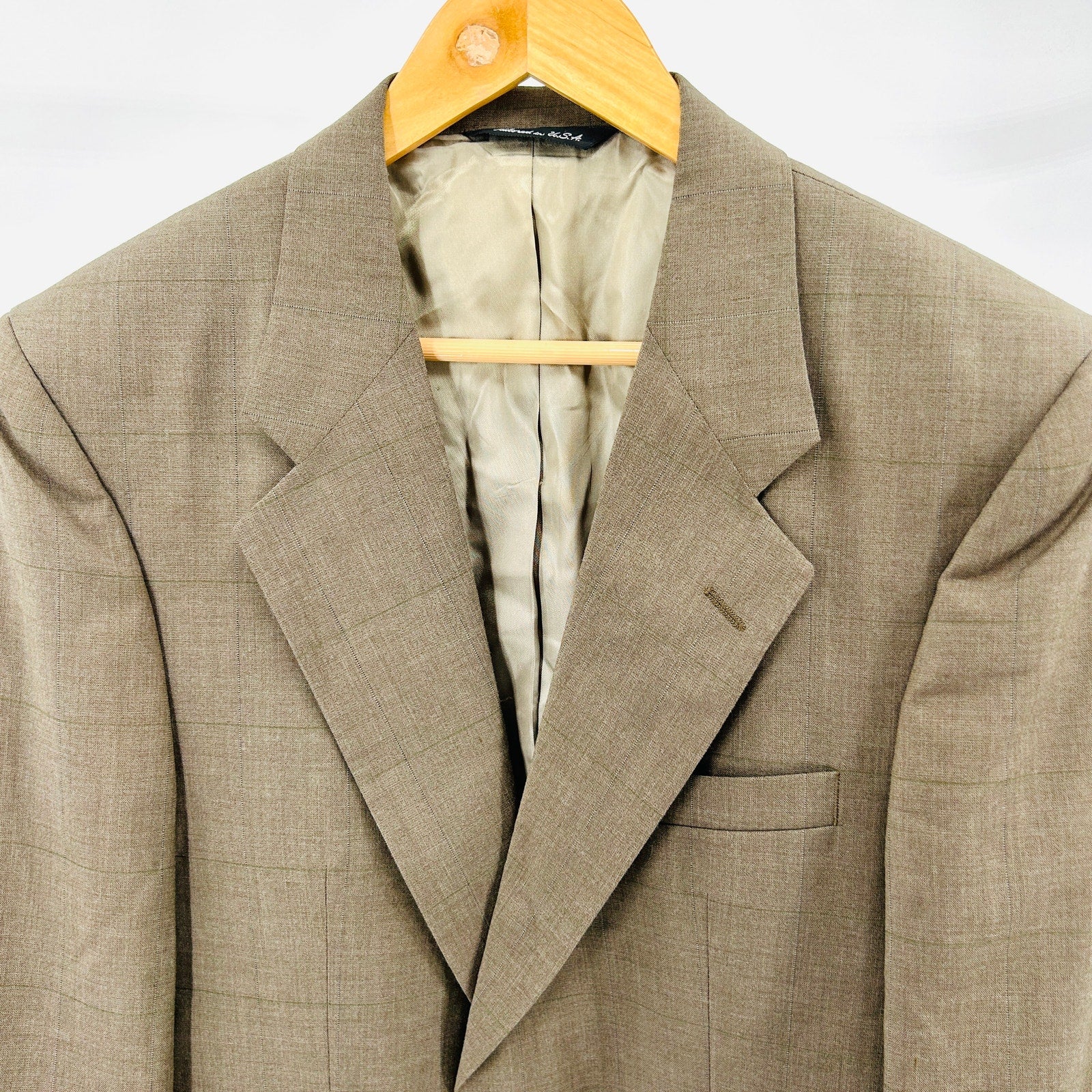 NWT Vintage 90s Halston Wool Blend Taupe Windowpane Two Button Blazer Jacket