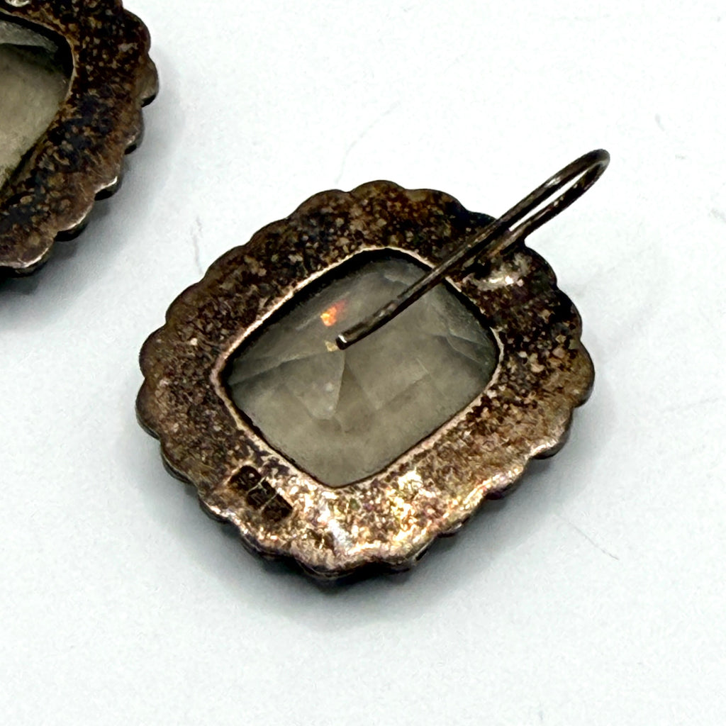 Vintage 90s Stamped Sterling Silver Smoky Quartz Cushion Drop Earrings