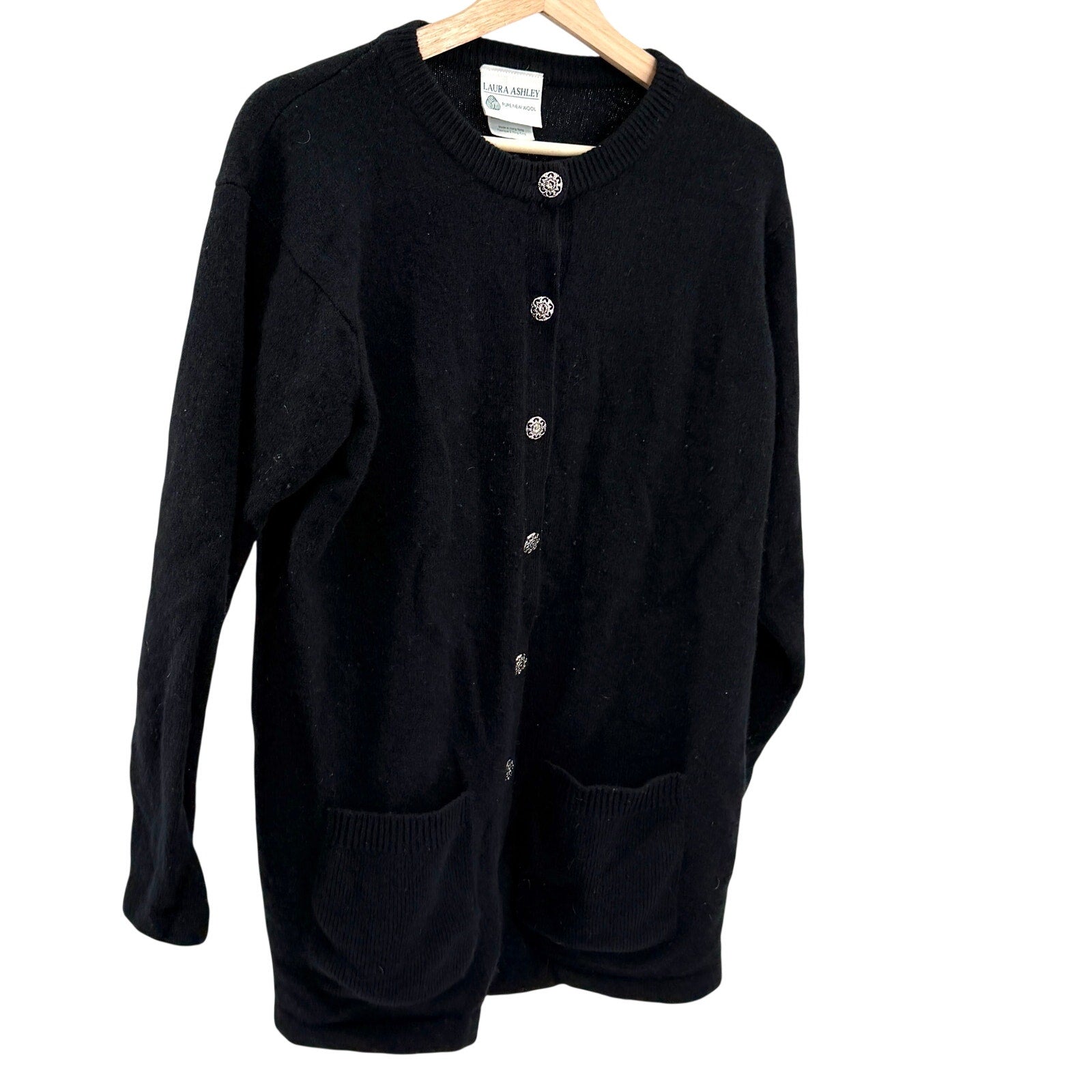 Vintage 90s Laura Ashley Black 100% Wool Ornate Button Long Cardigan Sweater