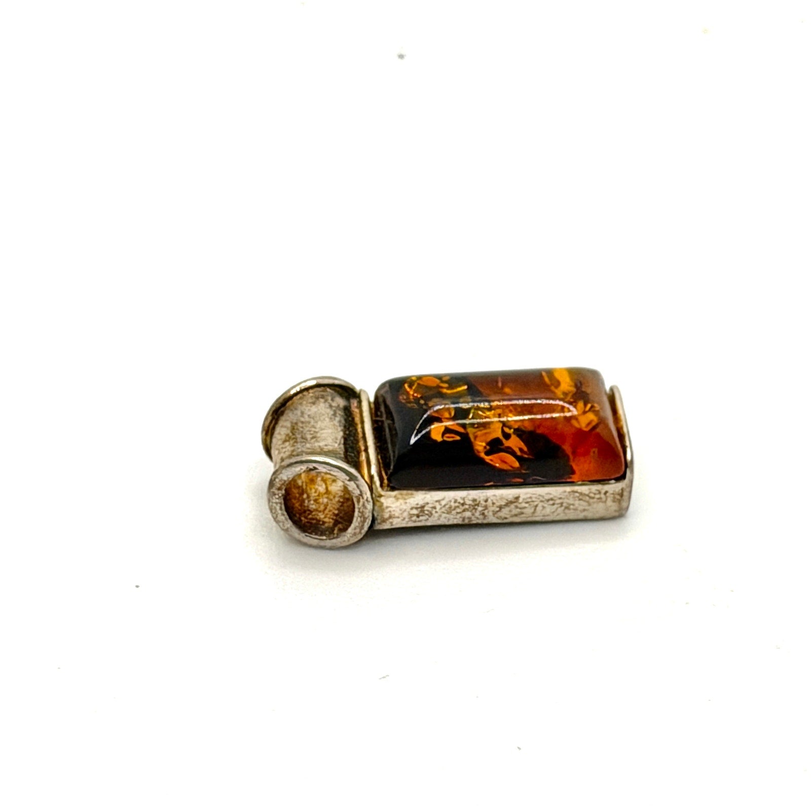 Vintage 90s Sterling Silver Cognac Amber Rectangular Modernist Pendant