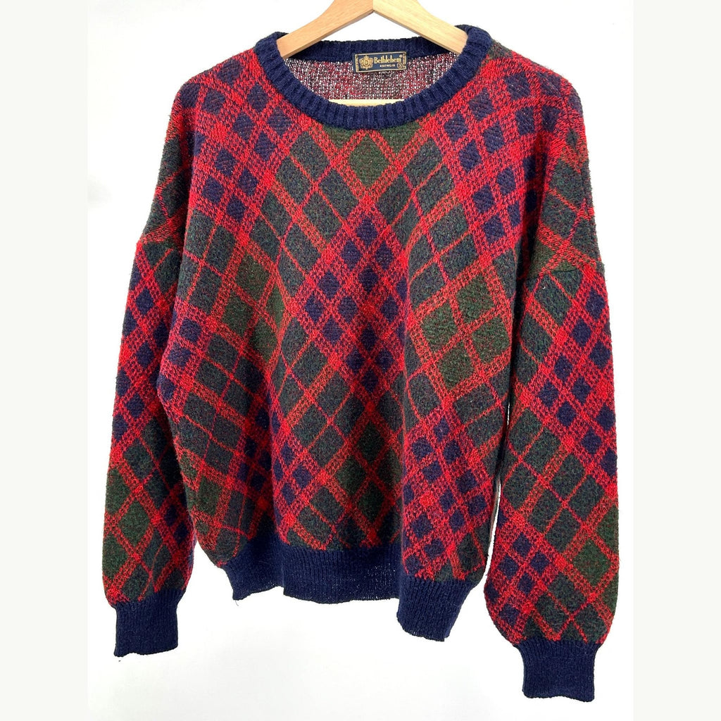 Vintage 90s Bethlehem Knitwear Red Navy Argyle Mohair Blend Sweater