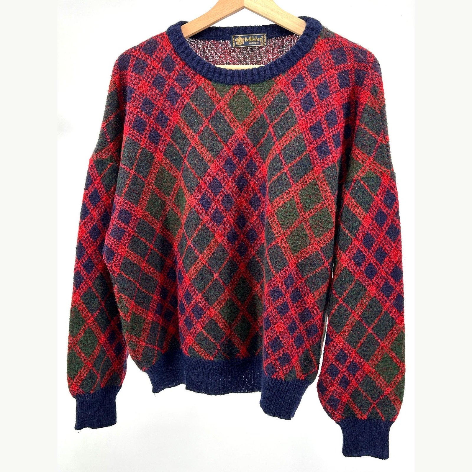 Vintage 90s Bethlehem Knitwear Red Navy Argyle Mohair Blend Sweater