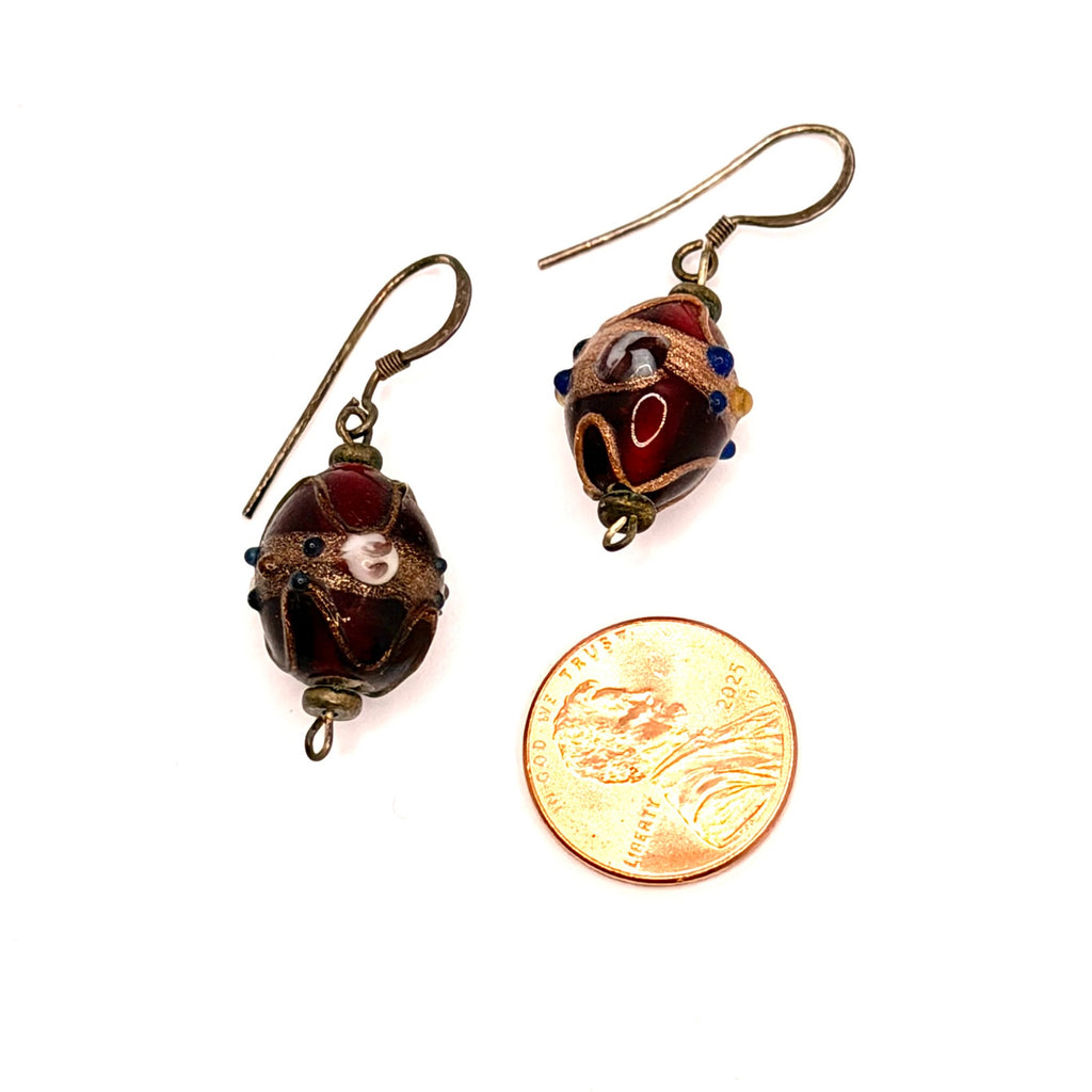 Vintage 90s Artisan Handmade Red Glass Filigree Bead Drop Earrings