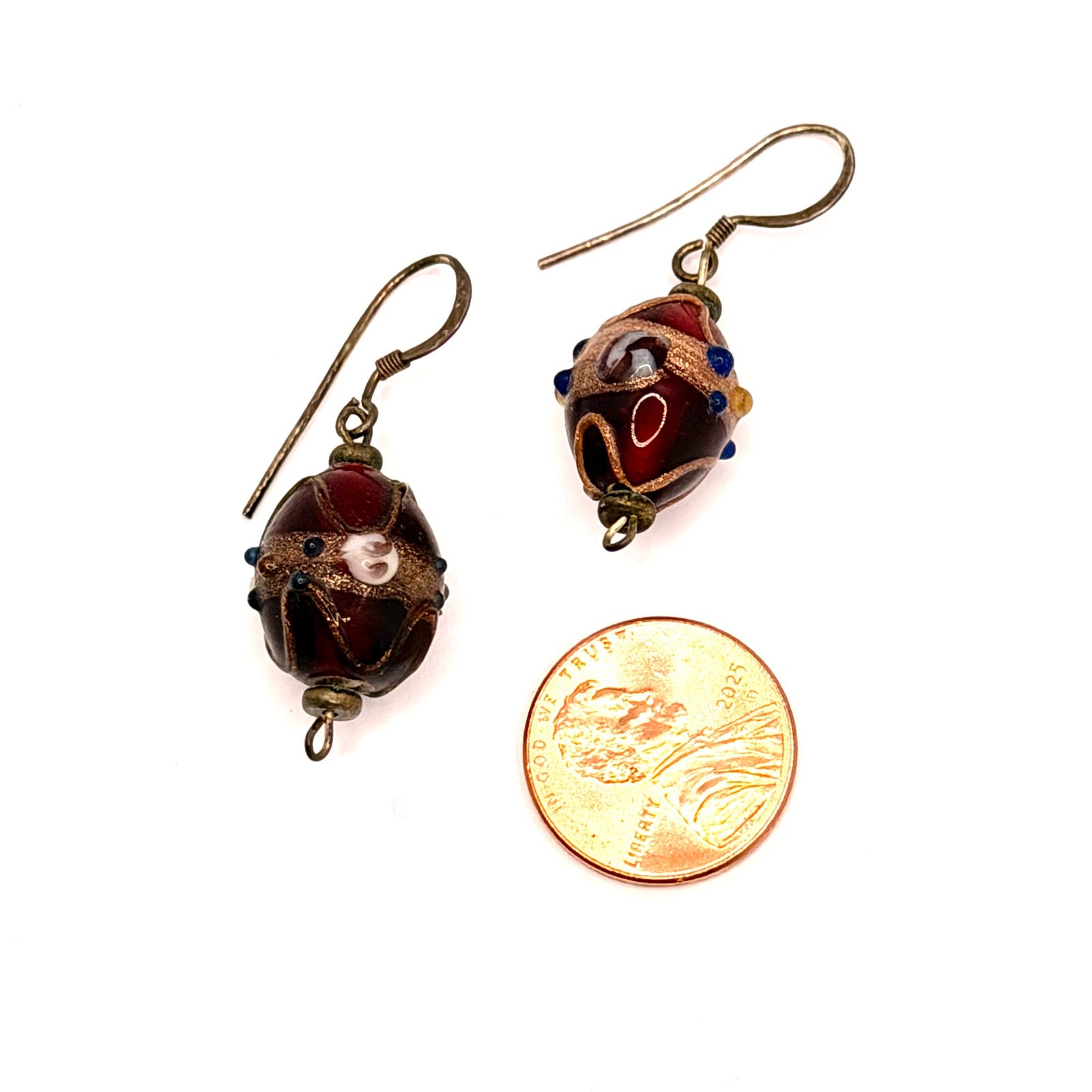 Vintage 90s Artisan Handmade Red Glass Filigree Bead Drop Earrings