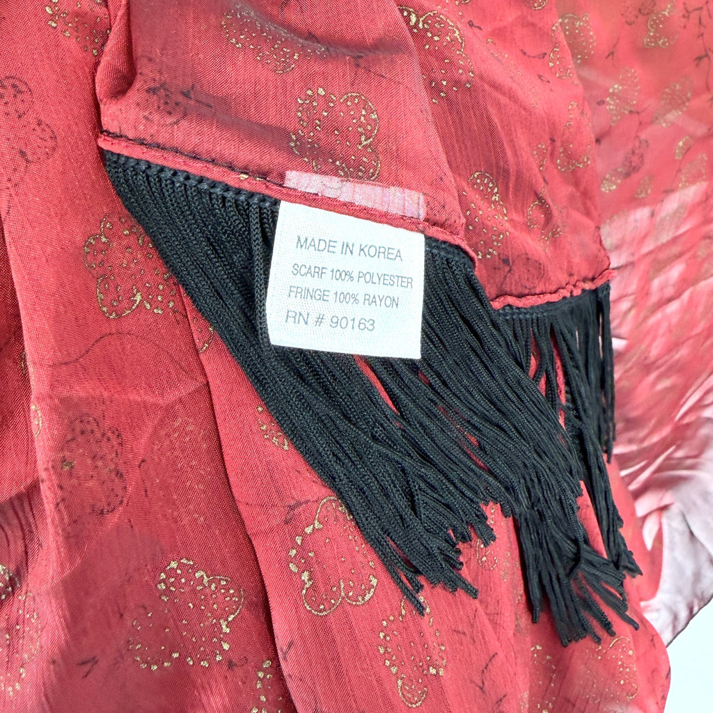 Vintage 90s Red Iridescent Chiffon Black Fringe Evening Wrap Scarf