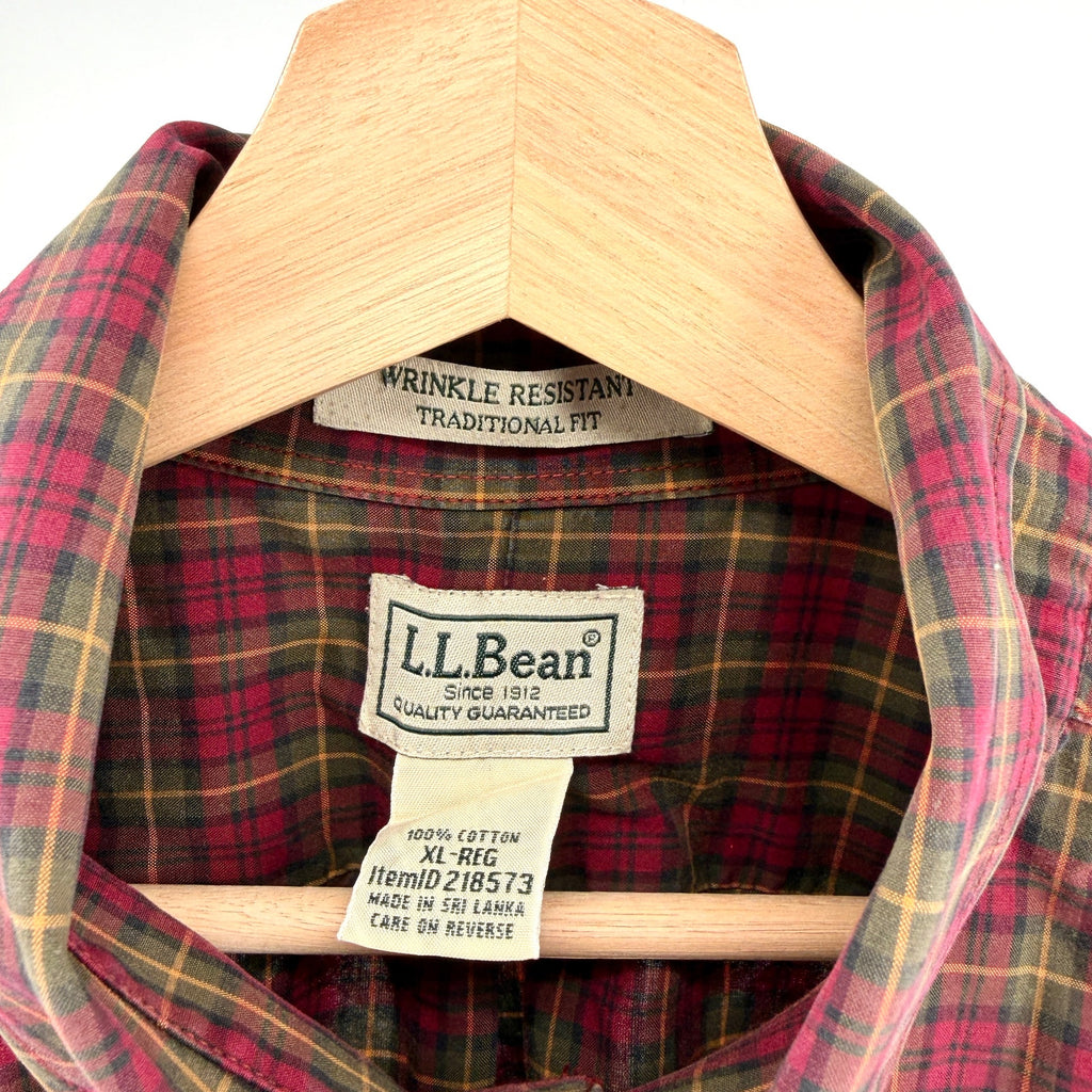 Vintage Y2K L.L. Bean Red Olive Green Plaid 100% Cotton Workshirt