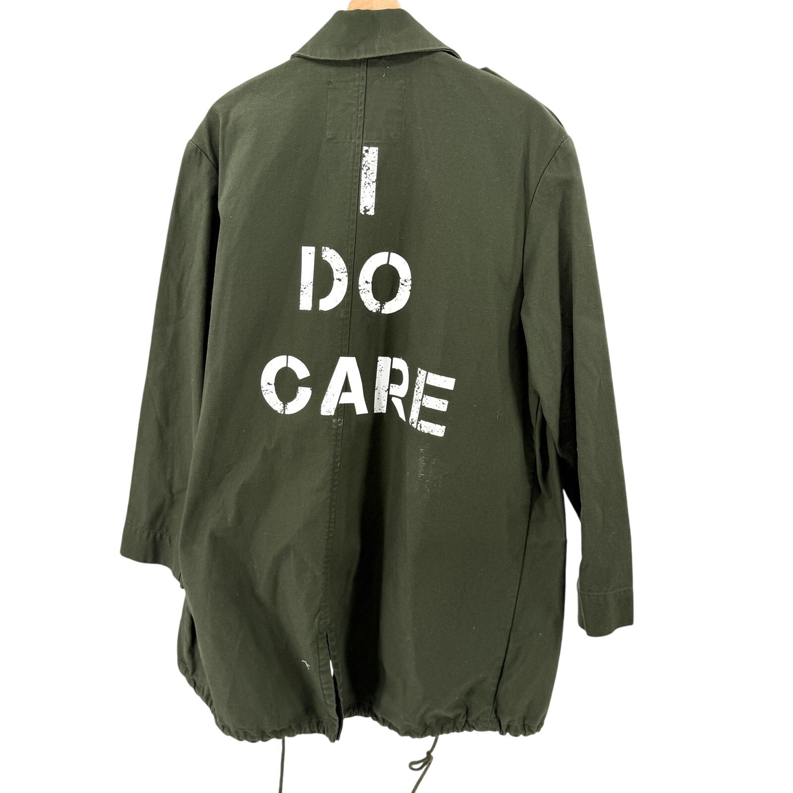 Custom Army Green I Do Care Stencil Slogan Utility Jacket