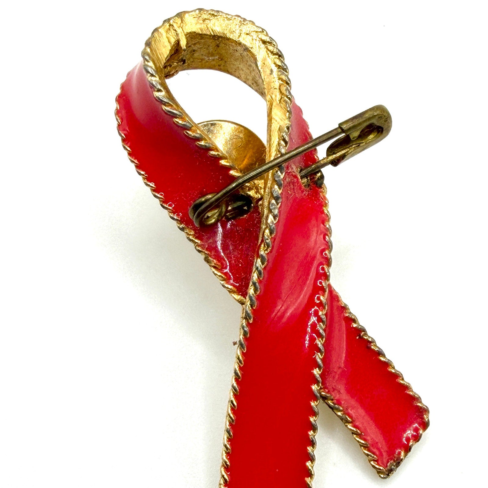 Vintage 80s Red Gold Enamel AIDS Awareness Ribbon Lapel Pin