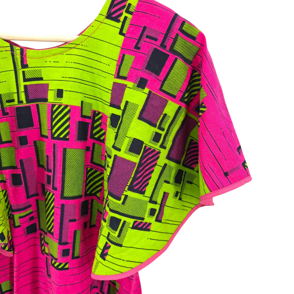 Neon Green Pink Geometric African Print 100% Cotton Batwing Midi Dress