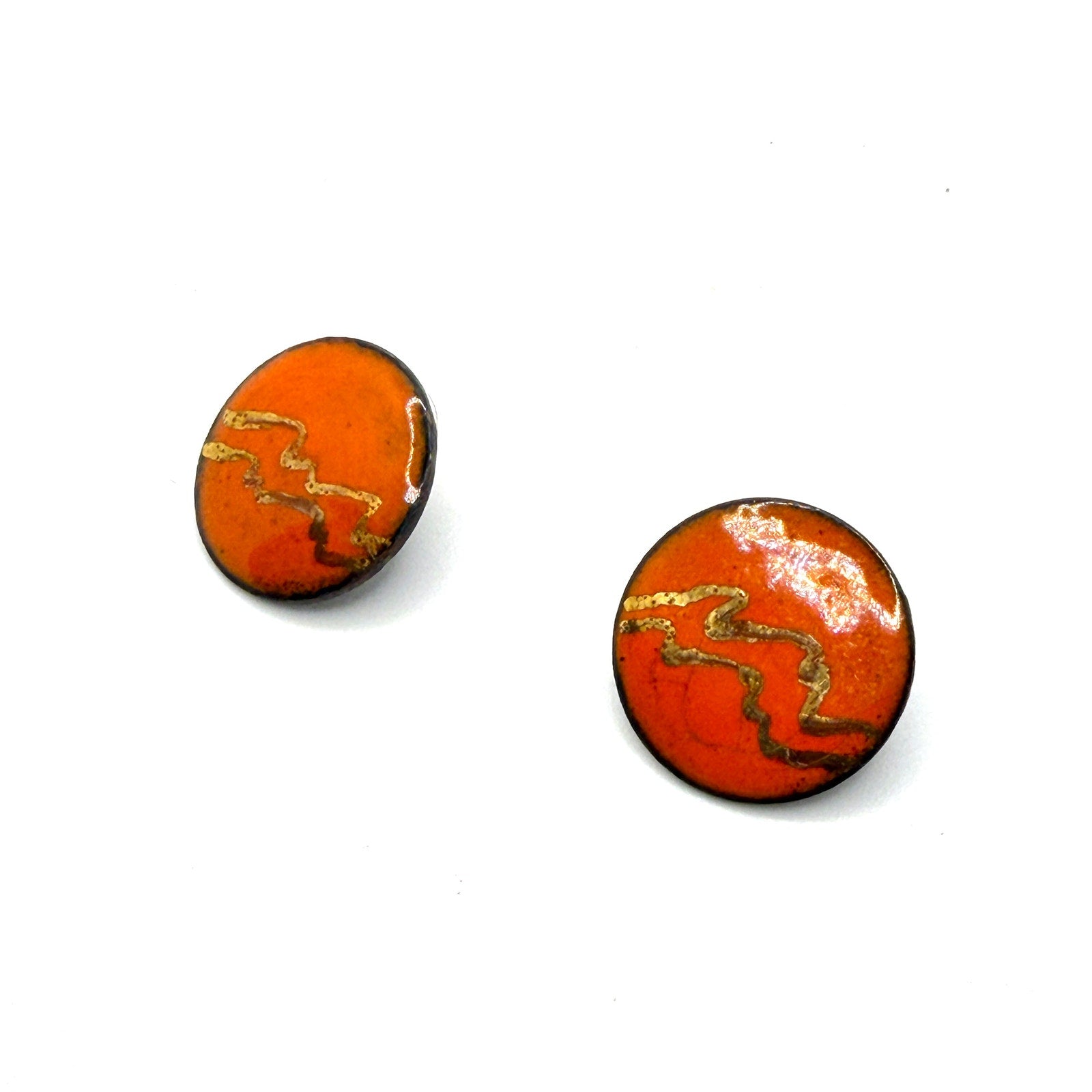 Vintage 70s Orange Gold Enamel Geometric Handcrafted Round Stud Earrings