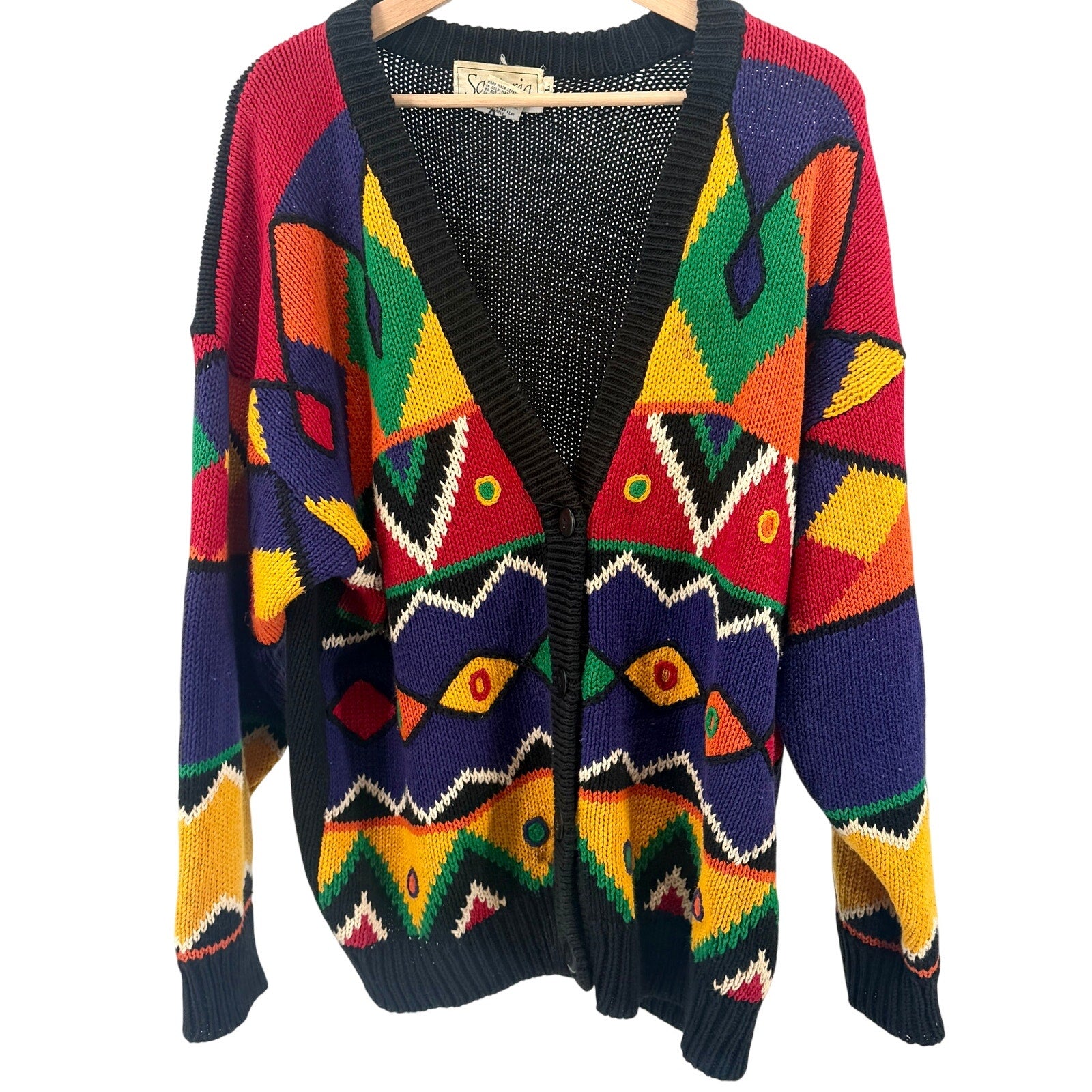 Vintage 90s Santoria Multicolor Geometric Oversized Knit Cardigan Sweater