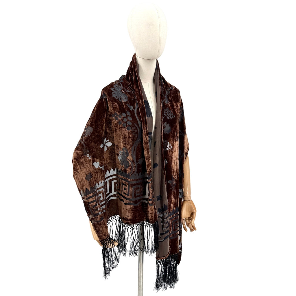 Vintage Y2K Boho Brown Velvet Black Burnout Grape Leaf Fringe Scarf