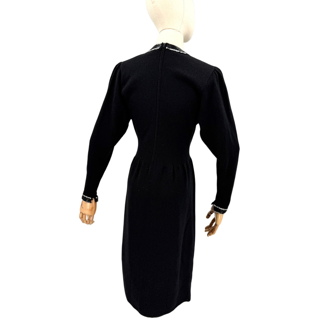 Vintage 80s Lillie Rubin Black Wool Blend Beaded Cutout Glam Sweater Dress