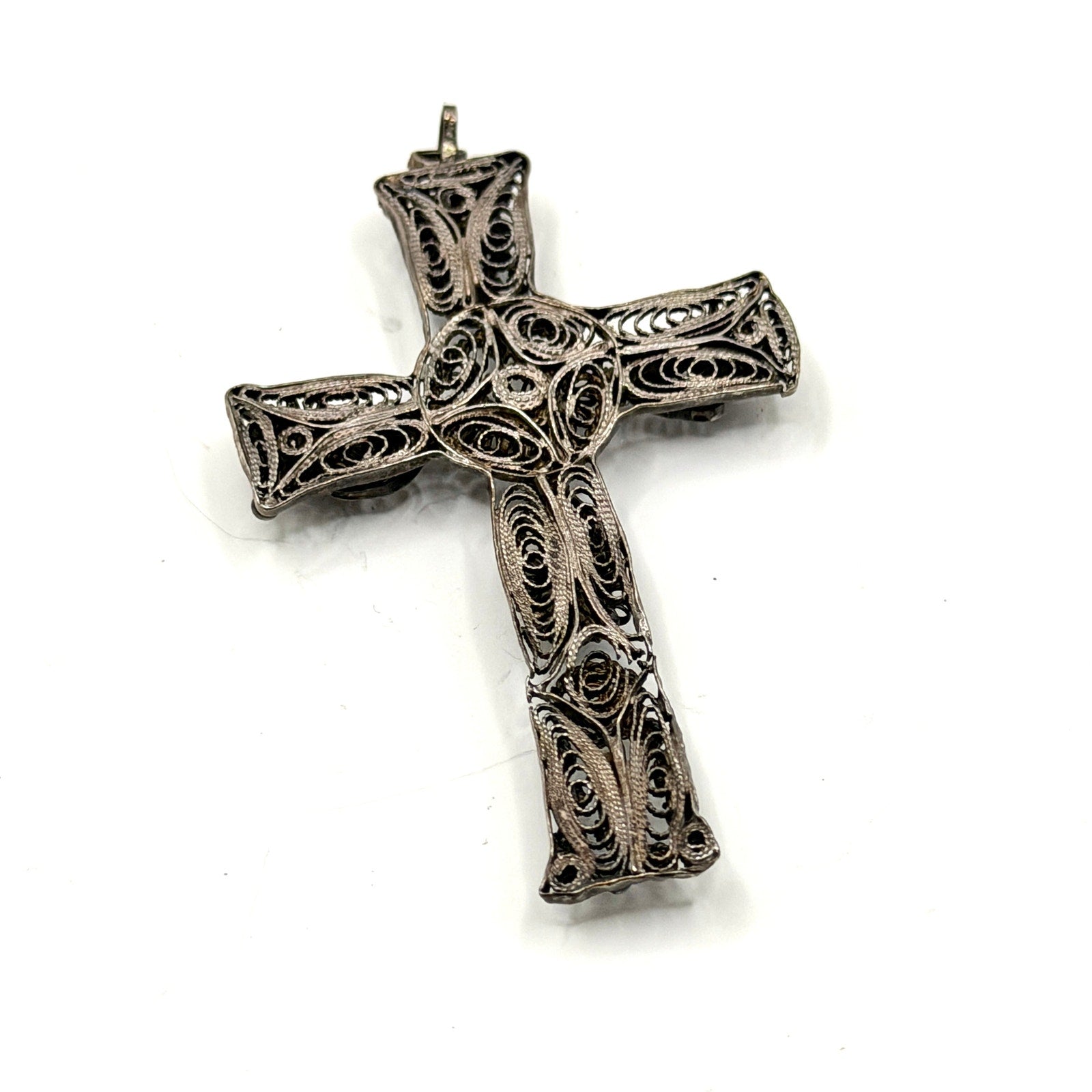 Vintage 70s Ornate Cannetille Sterling Silver Statement Cross Pendant