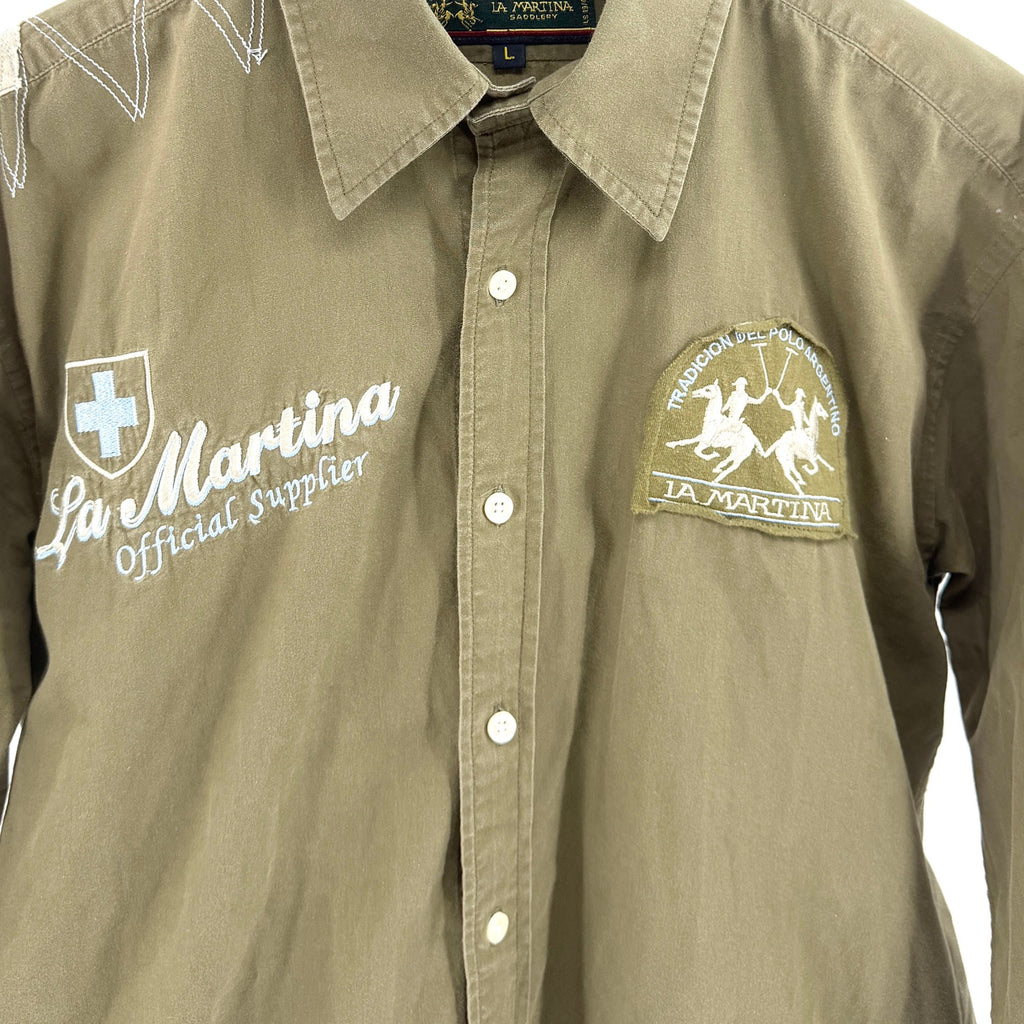 La Martina Saddlery Olive Green Embroidered Utility Polo Button Down Shirt
