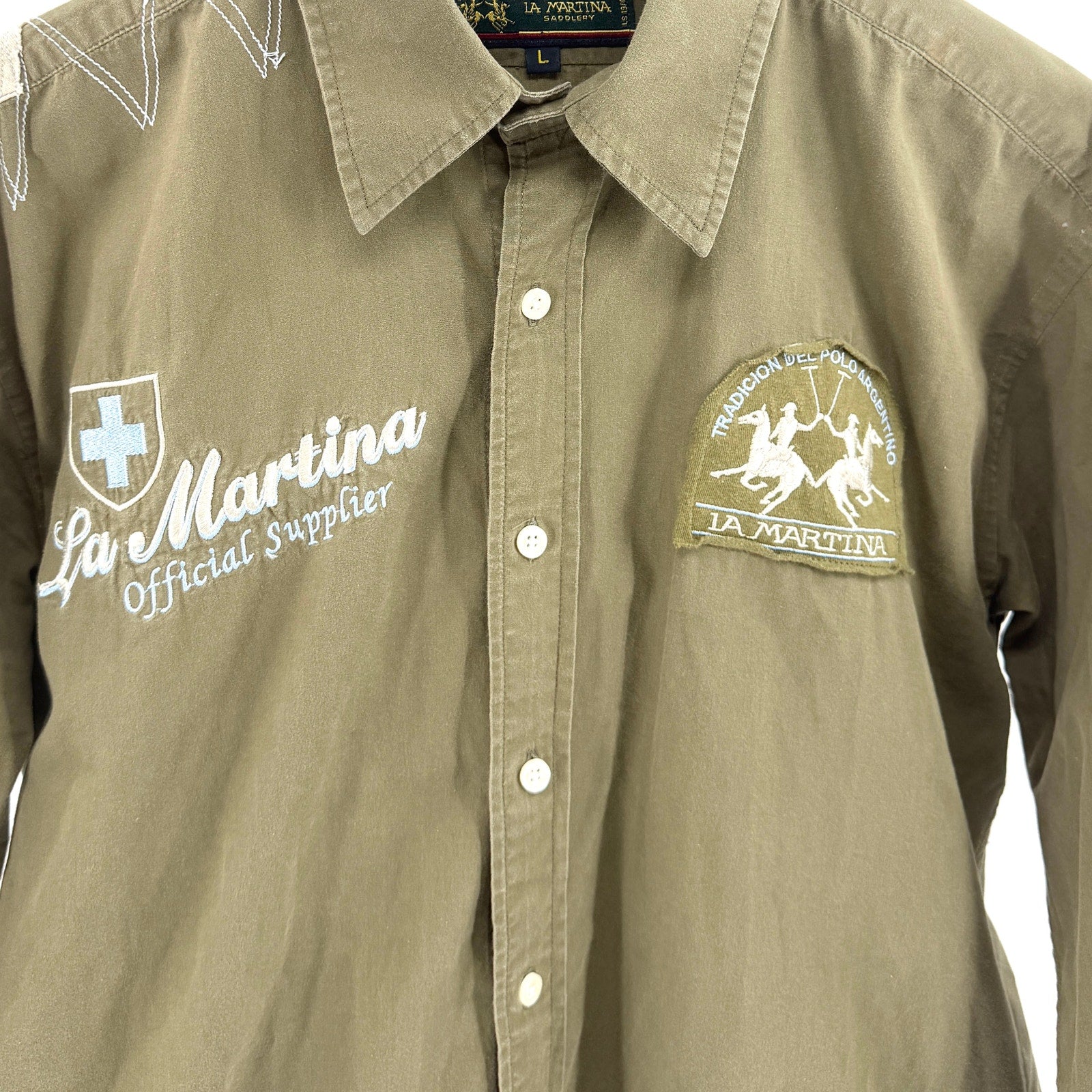 La Martina Saddlery Olive Green Embroidered Utility Polo Button Down Shirt