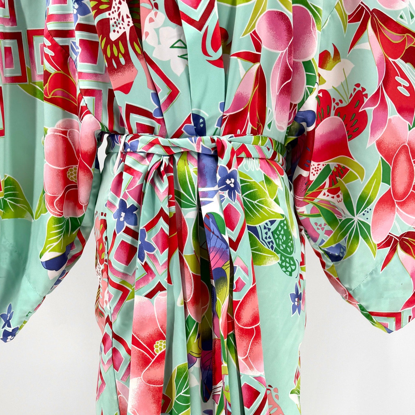 Natori Teal Asian Floral Cherry Blossom Print Pocket Robe Kimono