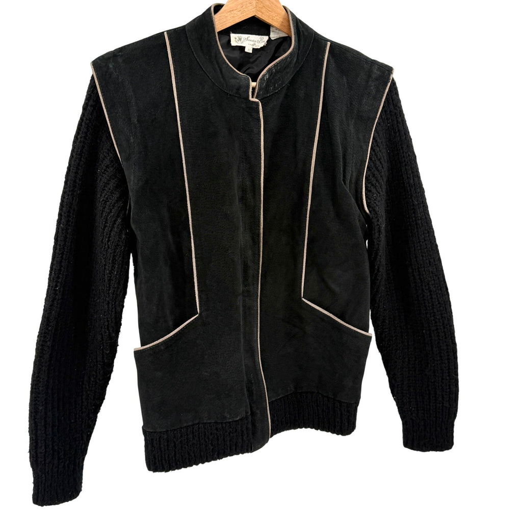 Vintage 70s Sweater Bee Black Suede Trim Zip-Front Sweater Jacket